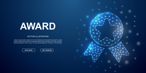Award 3d low poly symbol for blue landing page. Reward design illustration concept. Polygonal Quality guarantee wireframe illustration