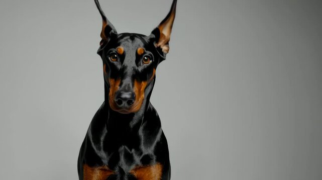 Alert doberman expressing curiosity and attention with ears perked and head tilted