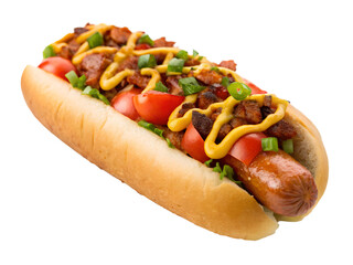 A delicious hot dog topped with mustard, bacon, tomatoes, and green onions isolated on white isolated on transparent background