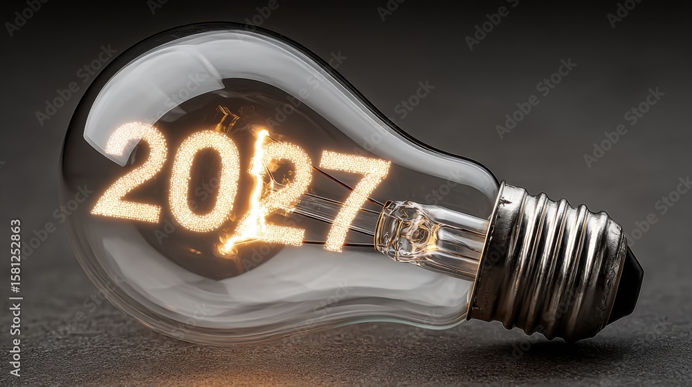 Poster a light bulb with the number 2017 written on it. the bulb is lit up and the number is glowing in the