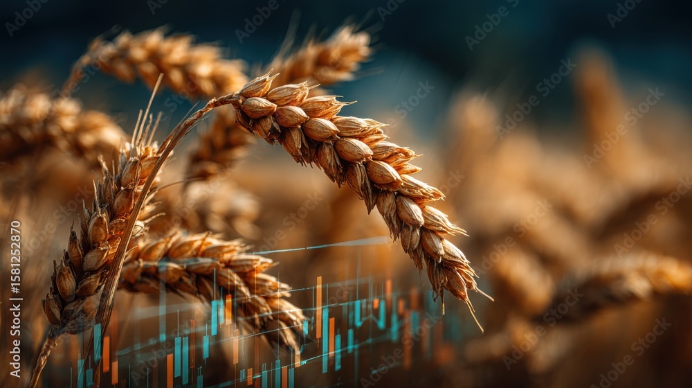 Poster a field of wheat with a graph of numbers in the background. the wheat is golden and the graph is col