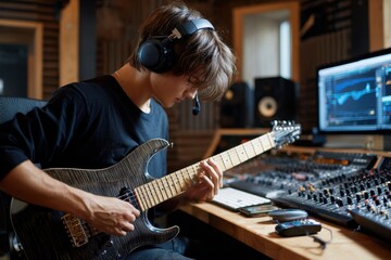 Young musician recording guitar tracks in a modern studio with digital equipment