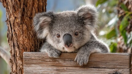 Fototapeta premium A baby koala is laying on a wooden board. The board is in front of a tree