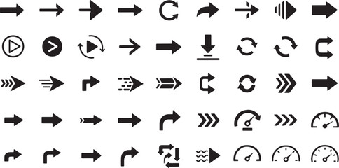 Collection of diverse black arrow icons and symbols isolated on white background isolated on transparent background silhouette