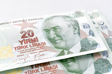 20 Turkish Lira banknotes on the table. Business and finance concept.