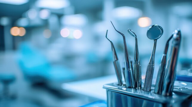 Macro shot dental doctor tools in surgery room hospital or clinic blur and blue tone.