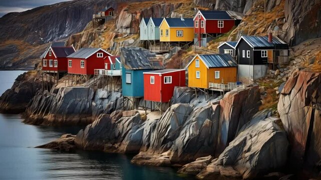  A detailed perspective of the vibrant buildings perched on rocky cliffs along the shoreline in the picturesque seaport town of Qaqortoq, located at the southern tip of Greenland The scene 4K