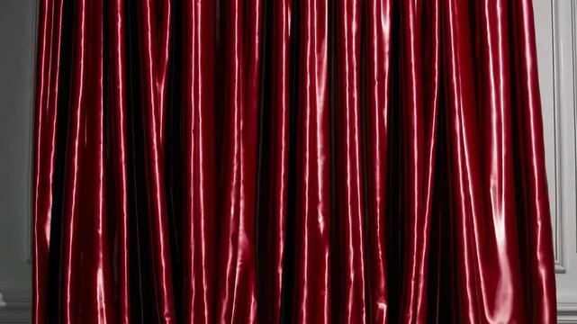 Opening red velvet curtains in elegant interior space for dramatic reveal