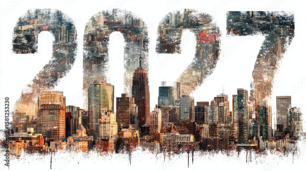 Poster the year 2022 is written in a cityscape with buildings and a skyline. the text is blurry and has a r