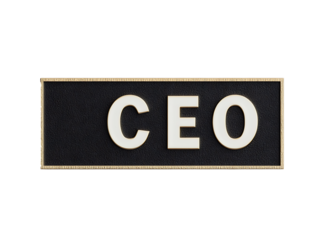 This image showcases the word 'CEO' displayed in capital letters on a rectangular badge. The badge is black with a golden border.