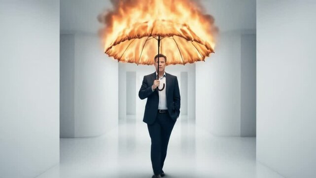 Impervious man walks burning umbrella hallway