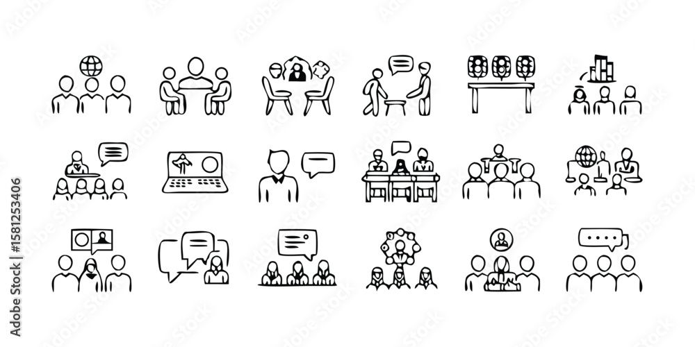 Poster comprehensive set of 95 meeting and business line icons for presentations and web design on transpar