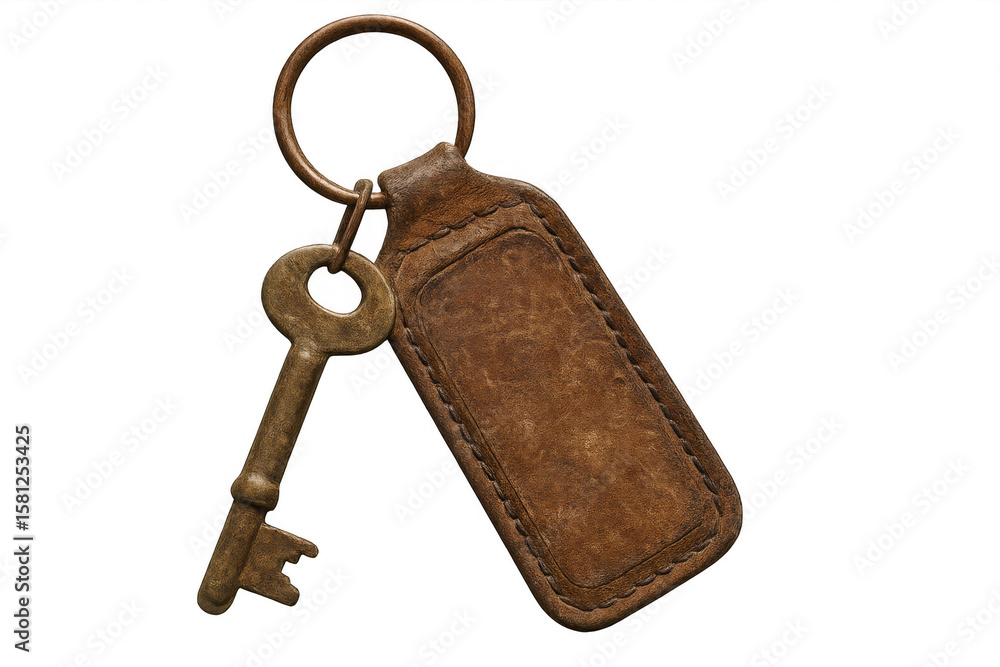 Poster old key with empty leather key tag hanging from keyring, isolated on transparent background, ready f