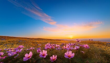 Fototapeta premium vibrant pink flower over yellow surface with stunning gradient sky in soft pastel hues of pink and blue at sunset or sunrise perfect for nature and floral themes