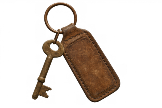 Old key with empty leather key tag hanging from keyring, isolated on transparent background, ready for customization