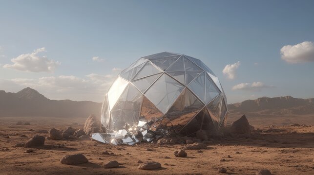 Futuristic geodesic dome imploding in desert landscape