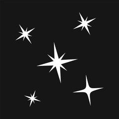Obraz premium White sparkling stars on black background. Sparkle stars icons. Twinkle and bursts forms, shining flash symbols, glowing light effect isolated. Graphic design elements. Vector illustration