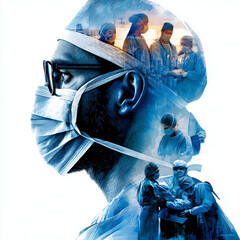 The silhouette should be of a confident Indian-origin doctor wearing a mask and surgical cap, facing sideways. Inside the silhouette, multiple framed scenes