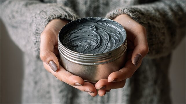 A person's hands hold a tin of gray modeling paste, indicating an artistic process.