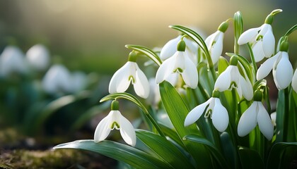 Obraz premium delicate white snowdrop flowers with green leaves illustration