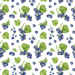 Black currant berries with leaves, hand-drawn watercolor seamless pattern. Juicy summer pattern with clusters of ripe berries for clothing prints, kitchen textiles, wrapping paper, packaging.