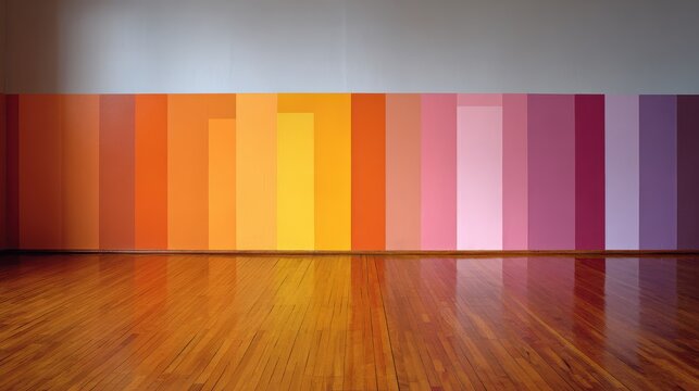 A vibrant display of tints and shades including Orange, Pink, Violet, and Magenta rectangles arranged in a line on the wall, creating a stunning piece of art reminiscent of a flooring pattern