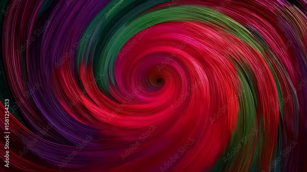 Poster an energetic burst of color spirals in a circular motion featuring bold swirling bands of reds green