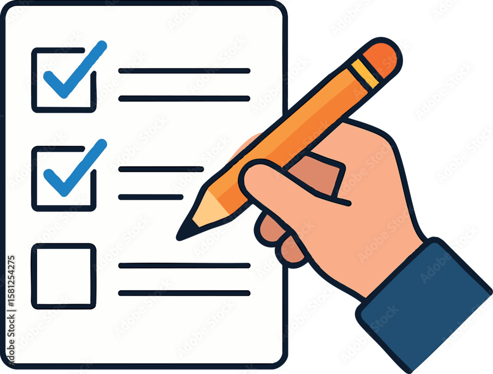 Poster flat vector task list being checked off by user with pencil, productivity icon, isolated on white