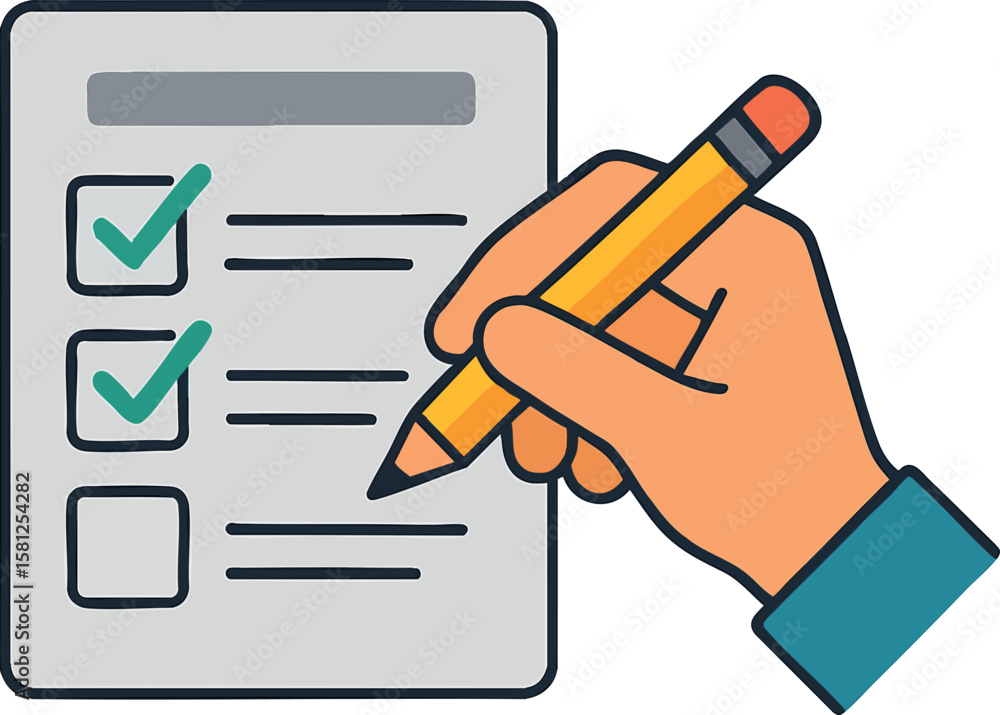 Poster flat vector task list being checked off by user with pencil, productivity icon, isolated on white