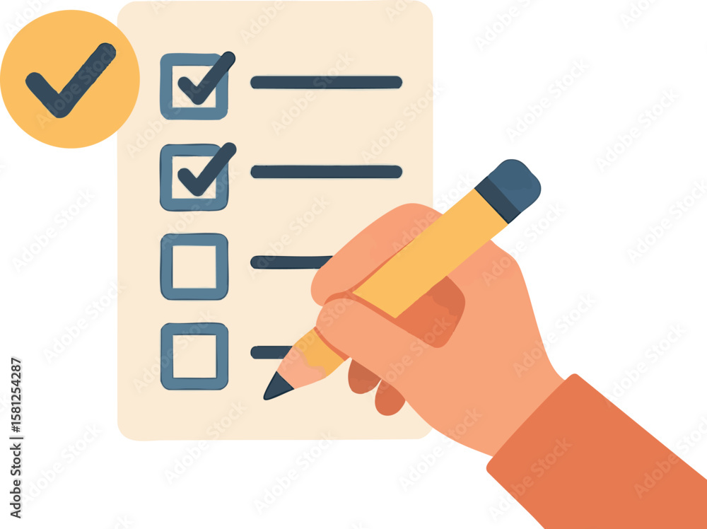 Poster flat vector task list being checked off by user with pencil, productivity icon, isolated on white