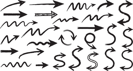 Collection of hand drawn black arrows and directional symbols isolated on white background isolated on transparent background silhouette