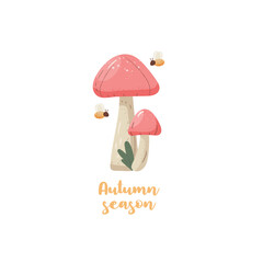 Autumn poster, Mushrooms, bee, grass, leaves. Autumn flyer set of drawings. Square banner autumn elements. Autumn interior design poster, end of season promo template. Vector illustration.