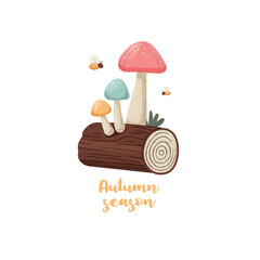 Autumn poster, Mushrooms, bee, grass, leaves. Autumn flyer set of drawings. Square banner autumn elements. Autumn interior design poster, end of season promo template. Vector illustration.