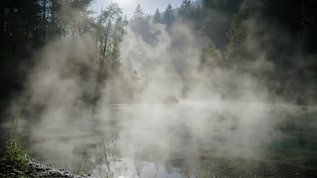 Early morning mist rolling over a shallow spring-fed pool in the forest