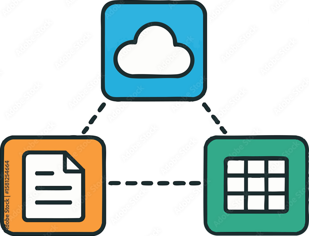 Poster flat vector three app logos connected by dotted lines forming a triangle, saas interoperability, iso