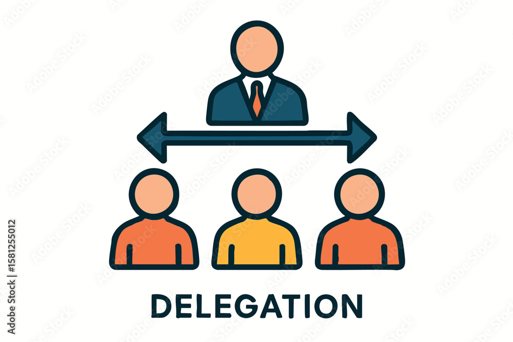 Poster flat vector two-way arrows connecting teams and leader, flat concept of delegation, isolated on whit