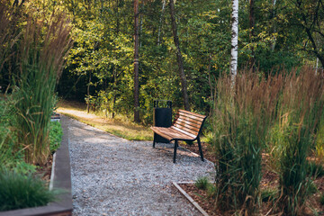 Empty park bench with trash can, surrounded by lush lawns.