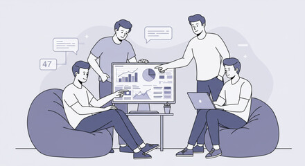 Professional analysts discussing financial statistics and marketing strategy in a modern office. Teamwork and data visualization vector illustration.