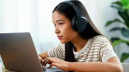 Focused asian young woman wearing headphones studying online with laptop in bright home office, striped shirt, determined expression, learning, concentration