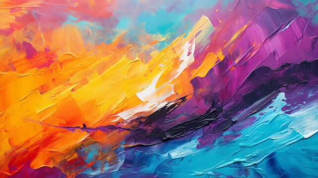 A detailed view of an abstract, textured art painting featuring vibrant, multicolored hues, created with expressive oil brushstrokes and palette knife techniques on canvas This richly lay 4K