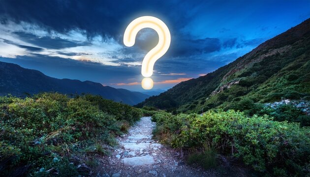 a scenic mountain path at dusk with a glowing question mark hovering in the middle of the path surrounded by lush vegetation and dramatic clouds in the sky
