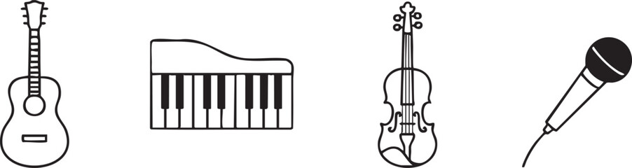 Collection of musical instruments and microphone in a simple line art silhouette