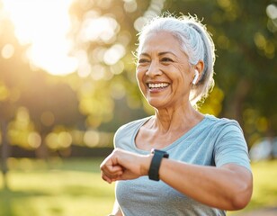 Generated image Active Latina senior checking fitness smartwatch during morning jog in sunny park - Tech Savvy Active Seniors Series