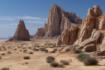 Fototapeta premium Expansive Desert Landscape Featuring Imposing Tan and Beige Rock Formations Under a Clear Blue Sky Sparse Green Desert Plants Dot the Sandy
