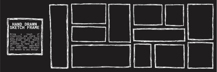 Hand drawn frame box, rectangle or square with rough brush line, sketch border, chalk scribble or marker stroke for abstract photo frame, vintage label, decorative icon or digital badge