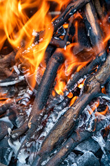Fireplace burning wood logs, glowing embers, cozy warmth, relaxing atmosphere