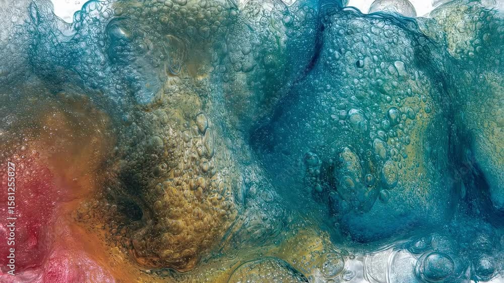 Poster an artistic composition featuring a dynamic swirl of liquid soap bubbles in various sizes captured m