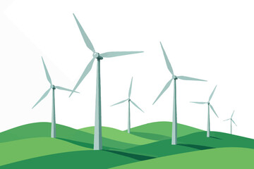 Flat vector wind farm landscape with multiple turbines in perspective, isolated on white
