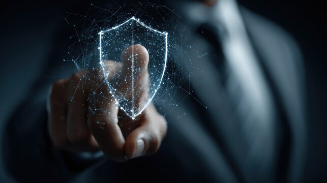 Data Security Analysis: A person meticulously reviews and analyses critical data with the integrated shield icon emphasizing security and assurance.
