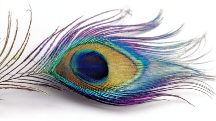 Vibrant Peacock Feather on Pristine White Background with Ample Copy Space